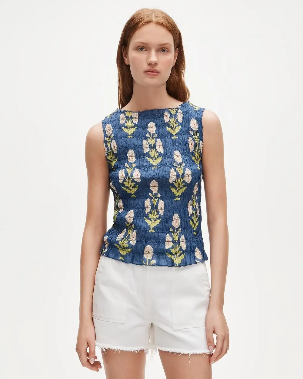 J. Crew Marigold Block-Print Ramie Sleeveless Smocked Shell Blouse Blue Medium